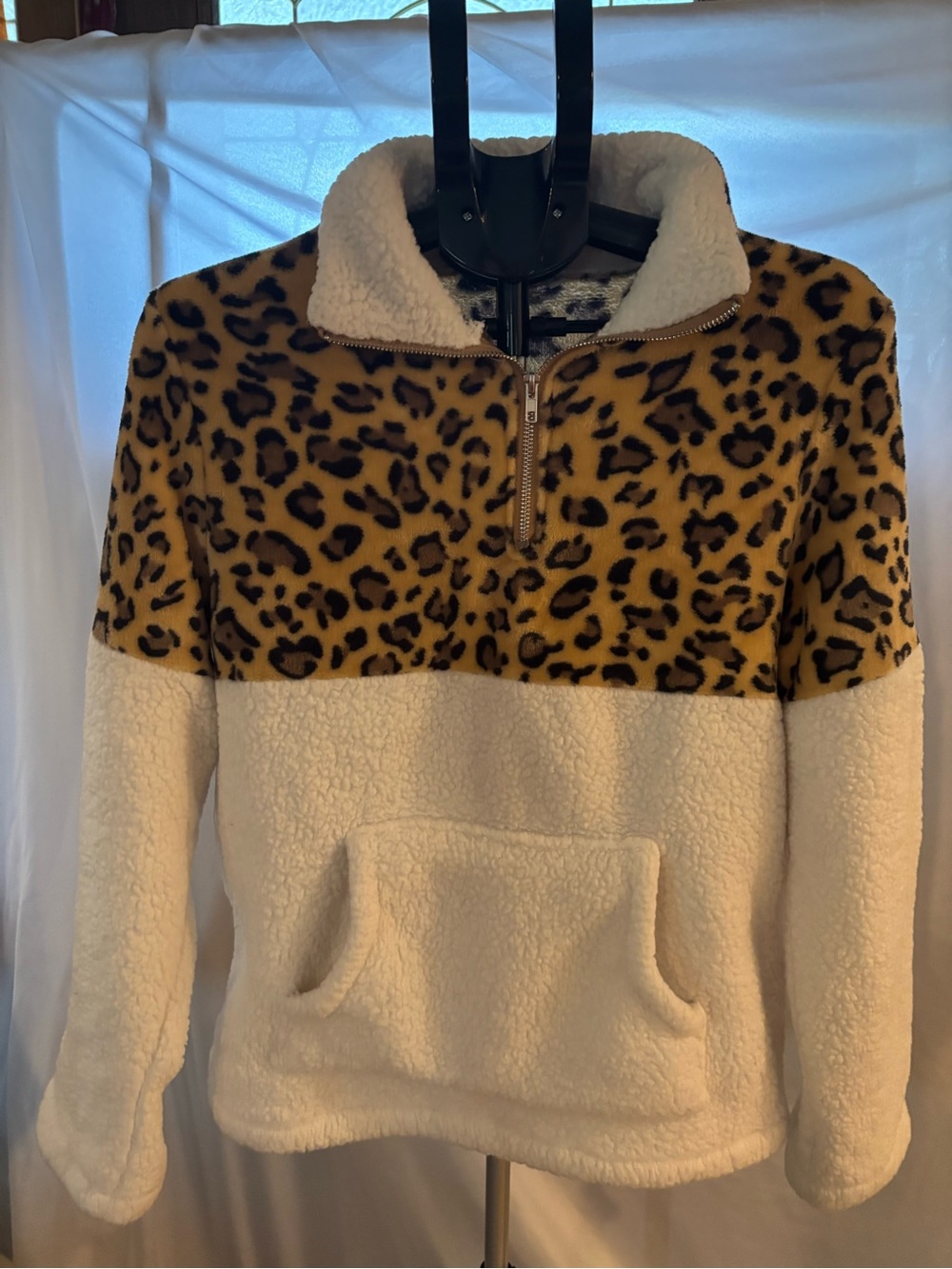 Leopard Panel Sherpa Pullover Hoodie - Ivory
